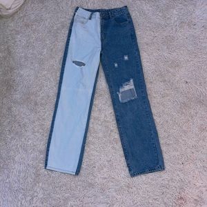 two toned denim jeans. very long, says size 6, i would put them at a size 4
